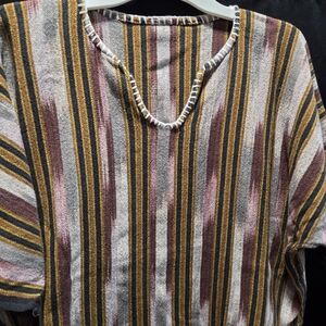 Handmade Ikat Striped Boho Hippie Earth Tones Pullover Tunic Poncho Top Unisex